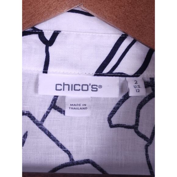 Chico’s 100% Linen Floral Button Front Tunic White Black Size 2 (US 12) - Picture 3 of 13